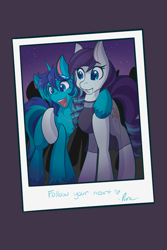 Size: 1365x2048 | Tagged: safe, artist:mscolorsplash, coloratura, oc, oc:rocky blues, earth pony, pony, unicorn, g4, colt, commission, commissioner:legionofblues, countess coloratura, crowd, duo, duo focus, duo male and female, female, foal, grin, height difference, hoof around neck, horn, hug, male, mare, open mouth, open smile, outdoors, photo, polaroid, rara, smiling, stallion, unshorn fetlocks, writing