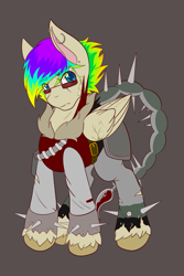 Size: 1365x2048 | Tagged: safe, artist:mscolorsplash, oc, oc only, pegasus, pony, art trade, clothes, ear piercing, earring, eyebrow piercing, eyebrows, eyebrows visible through hair, frown, fur collar, gray background, jacket, jewelry, looking at you, male, multicolored hair, piercing, rainbow hair, simple background, solo, spiked wristband, stallion, sunglasses, unshorn fetlocks, wristband