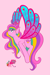 Size: 1365x2048 | Tagged: safe, artist:mscolorsplash, ploomette, pony, g4, butterfly wings, female, looking up, mare, multicolored hair, pink background, simple background, solo, toy interpretation, wings