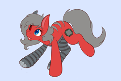 Size: 2048x1365 | Tagged: safe, artist:mscolorsplash, oc, oc only, cyborg, cyborg pony, earth pony, pony, commission, female, light blue background, mare, robotic eyes, robotic legs, simple background, solo