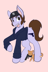 Size: 1365x2048 | Tagged: safe, artist:mscolorsplash, oc, oc only, cat, earth pony, pony, clothes, colored pupils, facial hair, gun, handgun, male, moustache, mouth hold, open mouth, open smile, pink background, pistol, sideburns, simple background, smiling, solo, stallion, sweater