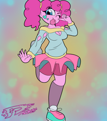 Size: 3700x4200 | Tagged: safe, artist:digi1talpho3nix, pinkie pie, human, equestria girls, g4, ;p, abstract background, blue eyes, breasts, cleavage, clothes, colored eyebrows, cutie mark on clothes, eyebrows, eyebrows visible through hair, female, frilly skirt, kneesocks, large tongue, long sleeved shirt, long sleeves, long socks, looking at you, off shoulder, one eye closed, pigtails, pink hair, pink skin, raised arm, raised leg, shirt, shoes, shorts, skirt, sneakers, socks, solo, tied hair, tongue out, wink