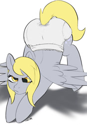 Size: 897x1280 | Tagged: safe, alternate version, artist:inventor, derpy hooves, pegasus, pony, g4, abdl, ass up, diaper, diaper fetish, female, fetish, mare, non-baby in diaper, simple background, solo, spread wings, stretching, white background, white diaper, white diapers, wings