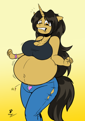 Size: 1298x1859 | Tagged: safe, artist:duragan, oc, oc only, oc:amber steel, unicorn, anthro, belly, big belly, clothes, fat, food baby, gradient background, gritted teeth, horn, open fly, overeating, pants, solo, stuffed, teeth, tight clothing, torn clothes, uncomfortable, unicorn oc, wardrobe malfunction, weight gain