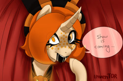 Size: 1280x847 | Tagged: safe, artist:inventor, oc, oc only, pony, unicorn, black blood, blood, bloody mouth, dialogue, freckles, horn, looking at you, solo, speech bubble