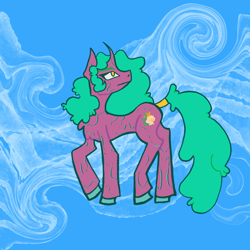 Size: 2048x2048 | Tagged: safe, artist:chronoroost, oc, oc only, oc:flumine carcad, pony, unicorn, abstract background, artfight, concave belly, cyan, digital art, female, fluffy hair, horn, side view, solo, unshorn fetlocks