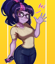 Size: 855x1000 | Tagged: safe, artist:the-park, sci-twi, twilight sparkle, human, equestria girls, g4, breasts, busty sci-twi, busty twilight sparkle, cellphone, curvy, cute, female, hi, hourglass figure, phone, ponytail, smartphone, smiling, solo, twiabetes, waving