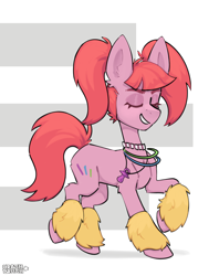 Size: 3000x3780 | Tagged: safe, artist:crashbrush, pacific glow, earth pony, pony, g4, accessory, chest fluff, clothes, dancing, ear fluff, eyes closed, female, full body, furry leg warmers, glow rings, high res, jewelry, leg warmers, mare, neclease, pink fur, pink mane, ponytails, raver, simple background, smiling, solo, white background