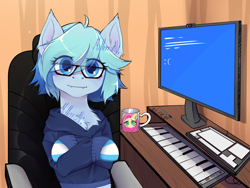 Size: 3500x2625 | Tagged: safe, artist:millman;, oc, oc only, bat pony, pony, bat pony oc, blue screen of death, blushing, computer, glasses, keyboard, microsoft windows, mug, musical instrument, sitting, solo, synthesizer, windows 10