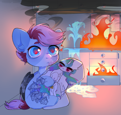 Size: 920x871 | Tagged: safe, artist:millman;, oc, oc only, pegasus, pony, body pillow, burning, chibi, everything is fine, fire, flaming eyes, kitchen, puddle, smoke, water