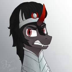 Size: 1000x1000 | Tagged: safe, artist:coffee_caramel, king sombra, unicorn, g4, angry, armor, black hair, fangs, gradient background, grey body, horn, male, red eyes, red horn, signature, solo, stallion