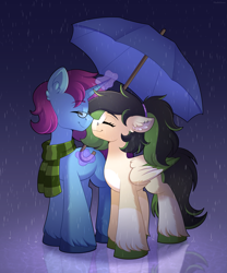 Size: 2493x3000 | Tagged: safe, artist:madelinne, oc, oc only, pegasus, unicorn, boop, clothes, duo, female, glasses, horn, magic, male, mare, noseboop, rain, reflection, scarf, stallion, straight, striped scarf, telekinesis, umbrella