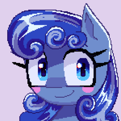 Size: 3000x3000 | Tagged: safe, artist:opal_radiance, oc, oc only, oc:cloudy contrail, pegasus, pony, big eyes, blue coat, blue mane, blush sticker, blushing, bust, commission, digital art, eyelashes, female, fringe, high res, looking at you, mare, pegasus oc, pixel art, purple background, shiny mane, simple background, smiling, smiling at you, solo, two toned mane, ych result