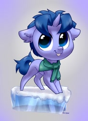 Size: 1002x1378 | Tagged: safe, artist:vensual99, oc, oc only, oc:bender watt, pony, unicorn, abstract background, clothes, ear fluff, horn, ice, male, scarf, solo, stallion