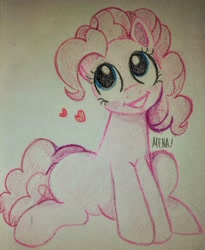 Size: 2821x3433 | Tagged: safe, artist:dsstoner, pinkie pie, earth pony, pony, g4, crayon, crayon drawing, female, mare, sitting, smiling, traditional art