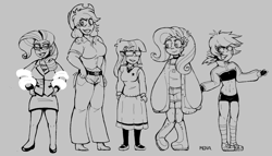 Size: 1573x897 | Tagged: safe, artist:dsstoner, applejack, fluttershy, rainbow dash, rarity, twilight sparkle, human, g4, applejack's hat, bandage, boa, boots, business, business suit, chaps, clothes, cowboy hat, glasses, glasses rarity, grin, hat, humanized, jewelry, makeup, midriff, necktie, shoes, shorts, skirt, smiling, sneakers, socks, striped socks, sweater, sweatershy, thigh highs, vest