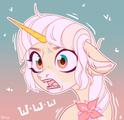 Size: 2243x2160 | Tagged: safe, artist:vensual99, oc, oc only, pony, unicorn, ear fluff, female, flower, flower in hair, gradient background, horn, mare, open mouth, sharp teeth, solo, teeth