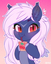 Size: 1500x1880 | Tagged: safe, artist:vensual99, oc, oc only, bat pony, pegasus, pony, drink, drinking, ear fluff, ear tufts, fangs, female, gradient background, hoof hold, juice, juice box, mare, pegasus oc, solo, spread wings, wings