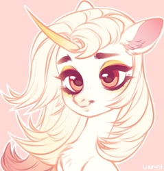 Size: 980x1026 | Tagged: safe, artist:vensual99, oc, oc only, pony, unicorn, bust, chest fluff, curved horn, ear fluff, female, horn, mare, simple background, solo