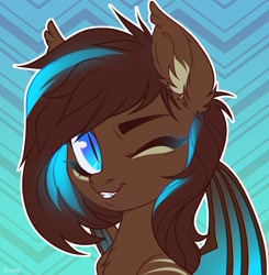 Size: 1980x2023 | Tagged: safe, artist:vensual99, oc, oc only, bat pony, pony, abstract background, bust, ear fluff, ear tufts, female, gradient background, mare, one eye closed, slit pupils, solo, wink