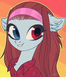 Size: 1853x2160 | Tagged: safe, artist:vensual99, oc, oc only, earth pony, pony, abstract background, bust, clothes, ear fluff, female, gradient background, hairband, heterochromia, mare, shirt, solo