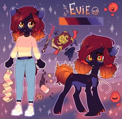 Size: 2046x2000 | Tagged: safe, artist:vensual99, oc, oc only, oc:evie, pony, anthro, abstract background, chest fluff, clothes, cookie, ear piercing, earring, exposed belly, female, food, horns, jewelry, magic book, mare, marshmallow, necklace, piercing, reference sheet, scarf, self paradox, self ponidox, slit pupils, unshorn fetlocks, wand