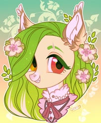 Size: 2000x2452 | Tagged: safe, artist:vensual99, oc, oc only, bat pony, pony, abstract background, bust, clothes, ear fluff, ear tufts, eyebrow slit, eyebrows, female, flower, flower in hair, gradient background, heterochromia, mare, scar, solo