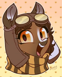 Size: 2000x2494 | Tagged: safe, artist:vensual99, oc, oc only, pony, abstract background, aviator goggles, aviator hat, clothes, goggles, goggles on head, gradient background, hat, scarf, solo, striped scarf