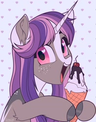 Size: 1780x2256 | Tagged: safe, artist:vensual99, oc, oc only, pony, unicorn, abstract background, bust, female, food, heart, heart eyes, horn, ice cream, mare, solo, wingding eyes