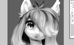 Size: 1080x662 | Tagged: safe, artist:vensual99, oc, oc only, bat pony, pony, black and white, bust, ear fluff, ear tufts, fangs, female, forked tongue, gradient mane, grayscale, hair over one eye, lacrimal caruncle, looking at you, mare, monochrome, portrait, slit pupils, solo, tongue out, wip