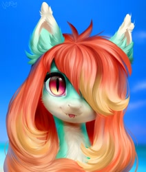 Size: 1368x1610 | Tagged: safe, artist:vensual99, oc, oc only, bat pony, pony, bust, chest fluff, colored eartips, countershading, ear fluff, ear tufts, fangs, female, forked tongue, gradient mane, hair over one eye, lacrimal caruncle, looking at you, mare, pale belly, portrait, sky background, slit pupils, solo, teal coat, tongue out