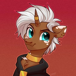 Size: 2000x2000 | Tagged: safe, artist:vensual99, oc, oc only, pony, unicorn, bust, cloak, clothes, ear piercing, earring, gradient background, horn, horn ring, jewelry, male, necklace, piercing, ring, solo, stallion