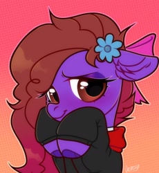 Size: 2000x2174 | Tagged: safe, artist:vensual99, oc, oc only, earth pony, pony, abstract background, blushing, bow, clothes, ear fluff, female, flower, flower in hair, gradient background, mare, solo, sweater