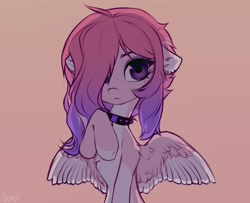 Size: 2000x1624 | Tagged: safe, artist:vensual99, oc, oc only, pegasus, pony, choker, ear piercing, earring, female, gradient background, hair over one eye, jewelry, mare, piercing, solo, spiked choker, spread wings, wings