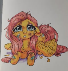 Size: 1030x1080 | Tagged: safe, artist:vensual99, fluttershy, pegasus, pony, g4, bandaid, bruised, chest fluff, crying, female, lying down, mare, prone, simple background, solo, traditional art