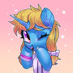 Size: 2000x2000 | Tagged: safe, artist:vensual99, oc, oc only, pony, unicorn, abstract background, bow, clothes, commission, female, gradient background, hoodie, horn, mare, one eye closed, solo, wink