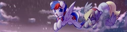 Size: 1590x400 | Tagged: safe, artist:vensual99, derpy hooves, oc, pegasus, pony, g4, christmas, clothes, cloud, female, flying, food, hat, holiday, male, mare, mouth hold, muffin, on a cloud, santa hat, scarf, snow, stallion, striped scarf