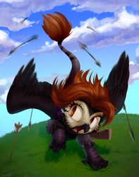 Size: 1699x2160 | Tagged: safe, artist:vensual99, oc, oc only, griffon, arrow, running, solo