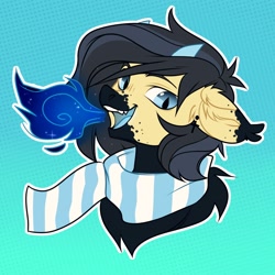 Size: 2000x2000 | Tagged: safe, artist:vensual99, oc, oc only, pony, bust, chest fluff, clothes, ear fluff, ear piercing, earring, gradient background, horns, jewelry, magic, male, piercing, scarf, sharp teeth, slit pupils, solo, stallion, striped scarf, teeth