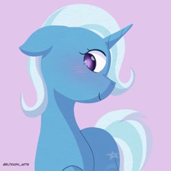 Size: 2047x2048 | Tagged: safe, artist:eltrash_art6, trixie, pony, unicorn, g4, blushing, cute, diatrixes, female, horn, mare, purple background, simple background, solo