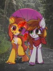 Size: 1500x2000 | Tagged: safe, artist:vensual99, oc, oc only, bat pony, pony, unicorn, chest fluff, duo, ear piercing, earring, female, horn, jewelry, magic, male, mare, neckerchief, piercing, rain, stallion, telekinesis, umbrella, unshorn fetlocks