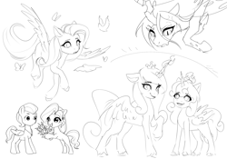 Size: 2388x1668 | Tagged: safe, artist:rily, fluttershy, jazz hooves, princess cadance, princess flurry heart, queen chrysalis, rocky riff, alicorn, earth pony, pegasus, pony, g4, g5, female, male, mare, older, older flurry heart, simple background, stallion, white background