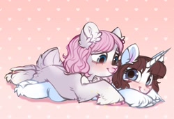 Size: 2000x1368 | Tagged: safe, artist:vensual99, oc, oc only, deer, pony, unicorn, abstract background, blushing, cloven hooves, cuddling, duo, ear fluff, female, gradient background, horn, lying down, lying on top of someone, mare, prone, unshorn fetlocks