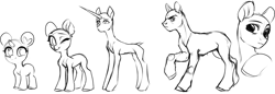 Size: 1795x619 | Tagged: safe, artist:vensual99, earth pony, pony, unicorn, black and white, concave belly, grayscale, height difference, horn, long horn, monochrome, physique difference, simple background, sketch, slender, style comparison, thin, white background