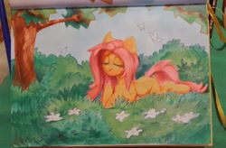 Size: 1080x708 | Tagged: safe, artist:vensual99, fluttershy, butterfly, pegasus, pony, g4, eyes closed, female, flower, forest, lying down, mare, nature, prone, solo, traditional art, tree