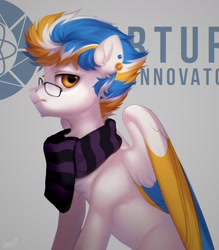 Size: 1492x1704 | Tagged: safe, artist:vensual99, oc, oc only, pegasus, pony, chest fluff, clothes, colored wings, ear piercing, earring, glasses, jewelry, male, piercing, portal (valve), scarf, solo, stallion, striped scarf, wings