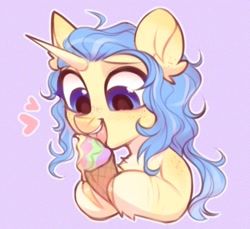 Size: 1094x1000 | Tagged: safe, artist:vensual99, oc, oc only, pony, unicorn, eating, female, floating heart, food, heart, horn, ice cream, licking, mare, purple background, simple background, solo, tongue out