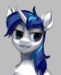 Size: 1216x1488 | Tagged: safe, artist:vensual99, shining armor, pony, unicorn, g4, bust, chest fluff, gray background, horn, male, simple background, solo, stallion