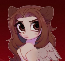 Size: 1452x1359 | Tagged: safe, artist:vensual99, oc, oc only, oc:kiri, pegasus, pony, beige coat, brown mane, bust, chest fluff, colored ears, female, gradient background, looking at you, mare, partially open wings, solo, whisker markings, wings