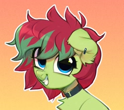 Size: 1396x1236 | Tagged: safe, artist:vensual99, oc, oc only, earth pony, pony, bust, chest fluff, choker, ear fluff, ear piercing, earring, gradient background, jewelry, piercing, solo